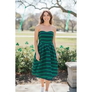 MOUILINETTE SOEURS Green Navy Striped Strapless Fit Flare Dress Size 12